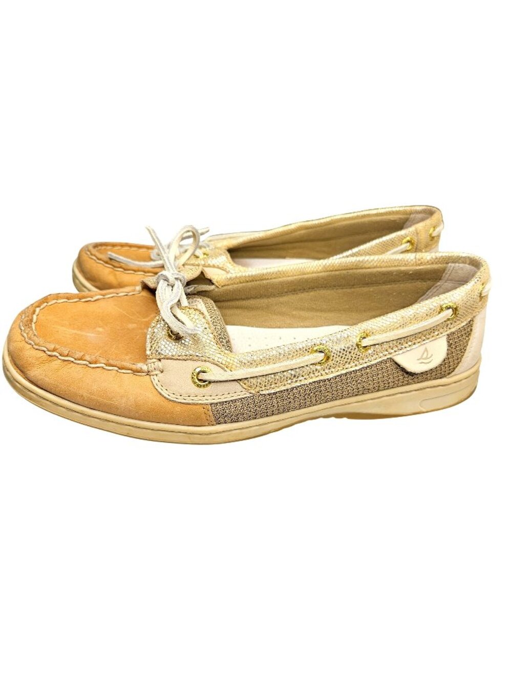 Woman's gorpcore Sperry Top-Sider Gold & Tan Leather Boat Shoes - Classic Style